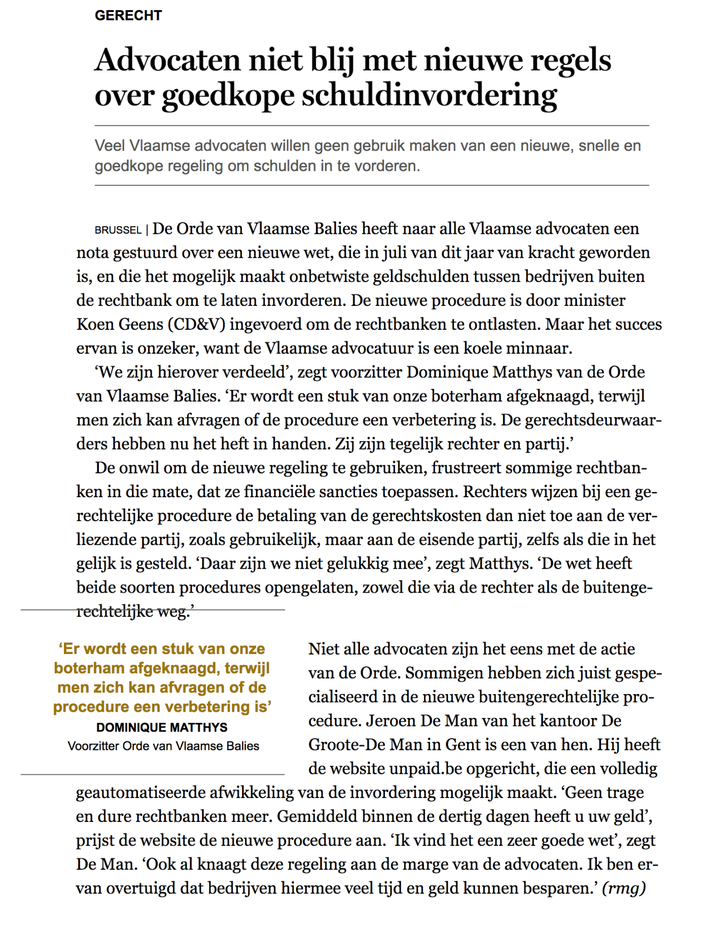 Unpaid vermeld in een artikel van de Standaard